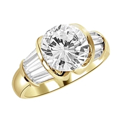 Majestic Ring - You will fall in love at first sight for this Materpiece with a heavy set 3 cts. Round Brilliant Center encircled by baguette accents onthe band! 5 Ct. t.w. in 14K solid gold.
