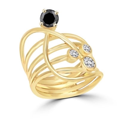 Diamond essence Designer Ring with Bezel set Onyx and Round Brilliant stones, 1.0 cts. T.W. set in 14K Solid Yellow Gold.