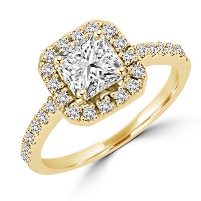 Diamond Essence Designer Ring with 1.25 ct. Asscher cut center stone surrounded by round stones. 1.75 cts. T.W. set in 14K Solid Yellow Gold.