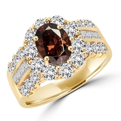 Diamond Essence Designer Ring with 1.0 ct. Oval cut Chocolate center surrounded by round stones and three rows of Diamond Essence stones, Princess in middle and Round on each side. 4.00 cts. T.W. set in 14K Solid Yellow Gold.