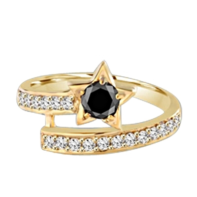 Diamond Essence Designer ring with 0.5 ct. round Onyx center with round stone on band, 1.0 ct. T.W. set in 14K Solid Yellow Gold.