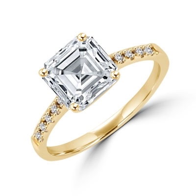 Diamond Essence Designer ring with 2.0 ct. Asscher cut Diamond Essence center with round stones on band, 2.10 Ct. T.W. set in 14K Solid Yellow Gold.