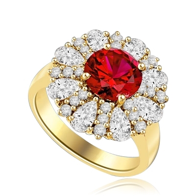 Diamond and Ruby Ring - Outstanding Ring with 2.0 cts. Round Ruby Essence in Center surrounded by Pear cut Diamond Essence and Melee. 5.5 Cts. T.W. set in 14K Solid Yellow Gold.