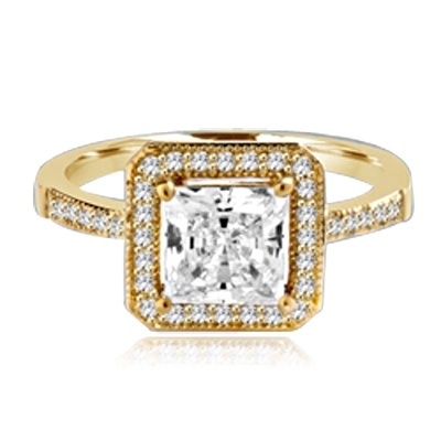 Princess cut Diamond Essence centerpiece,surrounded by Round Brilliant Melee in this pretty Engagement Ring. 2.0 Cts. T.W. set in 14K solid Yellow Gold.