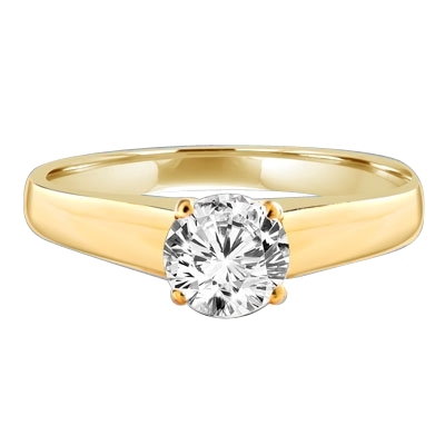 Smart Solitaire Ring with 0.75 Cts. Round Brilliant Masterpiece set perfectly on a tapering wide band. In 14k Solid Yellow Gold.