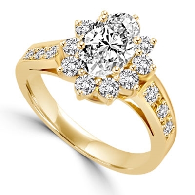 Wide Band Flower Ring sparkles with 1.5 Cts. Oval Center and  Round Brilliant Accents and Melee on the band. In 14k Solid Yellow Gold.
