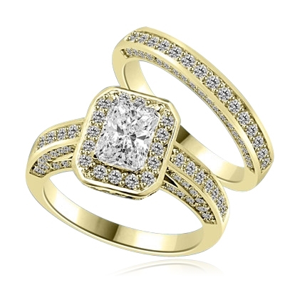 Wedding Set - 1.0 Ct. Emerald cut Diamond Essence center with Melee around and flowing down the band. Matching band with Melee, 2.75 Cts. T.W. set in 14K Solid Yellow Gold.