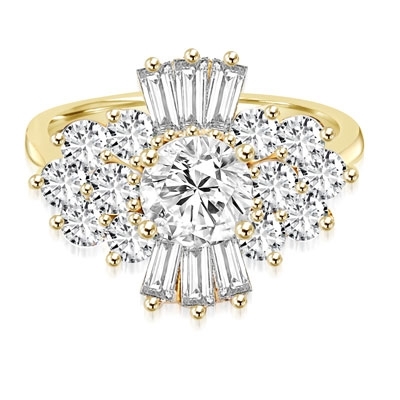 Prong Set Designer Ring with Simulated Round Diamond, Baguettes and Melee by Diamond Essence set in 14K Solid Yellow Gold