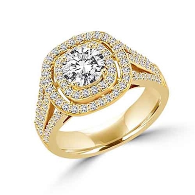 Diamond Essence Designer Ring With 1 Ct. Round Brilliant Center Surrounded By Melee And Three Rows Of Melee On the Band Enhance the Beauty, 2.50 Cts.T.W. In 14K Solid Yellow Gold.