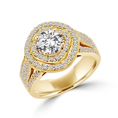 Diamond Essence Designer Ring With Round Brilliant 1 Ct. Center surrounded By Melee, 3 Cts.T. W. In 14K Solid Gold.