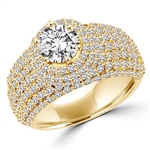 Diamond Essence Designer Cocktail Ring With 1 Ct. Round Brilliant Center Set On Dome Pave Setting Melee, 3 Cts.T.W. In 14K Solid Yellow Gold.