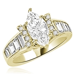 Diamond Essence Designer Ring With Marquise cut Diamond Essence, 1.50 Cts set in six prongs and Diamond Essence Melee on two sides on curved bars,The band is enhanced with Diamond Essence baguettes, 3.50 Cts.T.W. in 14K Yellow Gold.