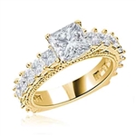 Diamond Essence Designer Ring With 1.50 Cts. Princess in Center, Accompanied by Small Princess Stones Melee on band, 3 Cts.T.W. In 14K Solid Yellow Gold.