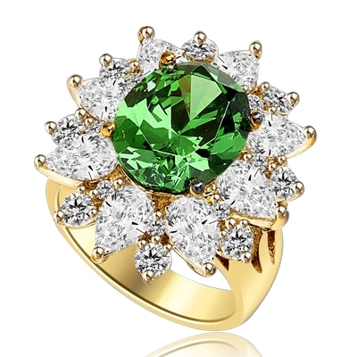 Party Perfect Ring with Sparkling Pear cut and Round cut Diamond Essences around 5.0 Cts. Oval cut Emerald Essence in center, making beautiful floral design. 9.0 Cts. T.W. set in 14K Solid Yellow Gold.