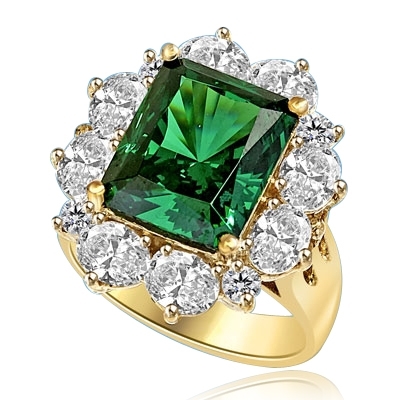Gorgeous Green - 6.0 Cts. Emerald cut Emerald Essence in center surrounded by Oval cut Diamond Essence and Melee. 9.0 Cts T.W. set in 14K Solid Yellow Gold.