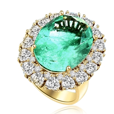 Perfect For Party- Cocktail Ring with Oval Cut Emerald Essence in center surrounded by Heart shape Diamond Essence and Melee. 20.0 Cts. T.W. set in 14K Solid Yellow Gold.