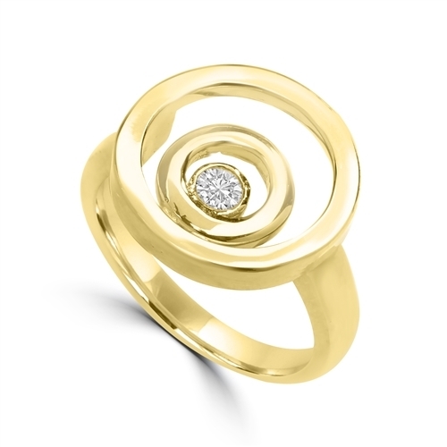 Diamond Essence Ring with 0.20 Ct. Round Brilliant Stone In Bezel Setting, With Three Circle Design, in 14K Solid Yellow Gold.