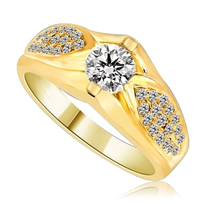 Designer Ring with 0.50 Ct. Round Brilliant Diamond Essence in center with cluster of Melee set in Leaf design. 1.35 Cts. T.W. set in 14K Solid Yellow Gold.