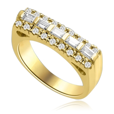 Now this one ring is going to set the pulse thumping! Wide Band is adorned with 5 X 0.25 Ct. Baguettes sexily surrounded by Round Accent Melee. 2 Cts. T.W. In 14k Solid Yellow Gold.