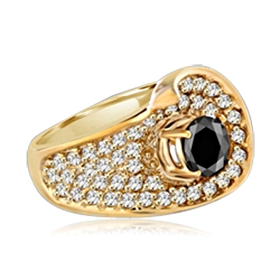 Big and Beautiful Ring With Round Cut Onyx Essence set in center surrounded by sparkling Melee. 2.0 Cts. T.W. set in 14K Solid Yellow Gold.