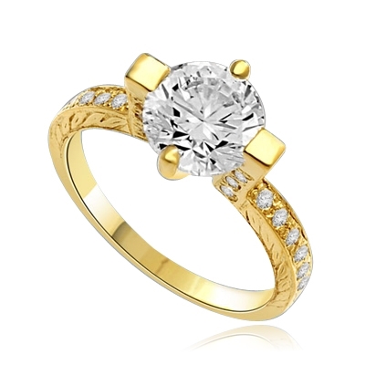 Two Carat Solitaire Ring in Horizontal Wide Prong and melee on the band., 2.50 Cts. T.W. In 14k Solid Yellow Gold.