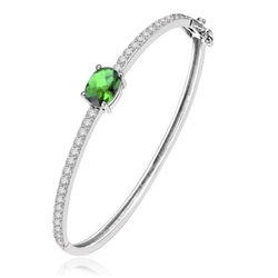 Bangle Bracelet - 2.0 Cts.Oval cut Emerald Essence set in center with sparkling Diamond Essence Melee going around the Bangle, 4.0 Cts.T.W. set in Platinum Plated Sterling Silver.