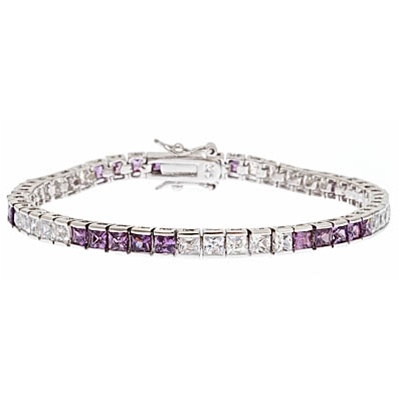 Diamond Essence tennis bracelet, 0.20 carat each, princess cut Amethyst and Diamond Essence stones set in alternate group of 5 stones. 10.4 cts.t.w. set in Platinum Plated Sterling Silver.