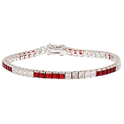 Diamond Essence and Ruby Essence princess cut tennis bracelet, each stone of 0.20 ct. set in alternate group of 5 stones. 10.4 cts.t.w. in Platinum Plated Sterling Silver.