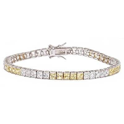 Diamond Essence and Citrine(yellow)  Essence princess cut tennis bracelet, each stone of 0.20 ct. set in alternate group of 5 stones. 10.4 cts.t.w. in Platinum Plated Sterling Silver.