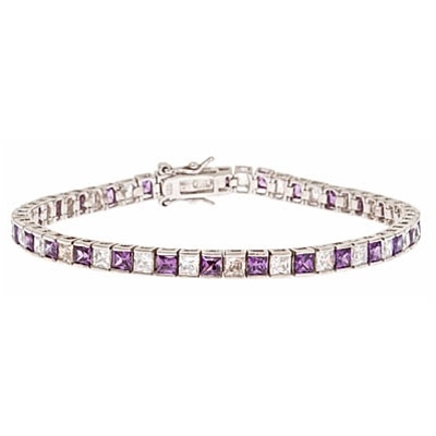 Diamond Essence and Amethyst  Essence princess cut tennis bracelet, each stone of 0.20 ct. in alternate setting in Platinum Plated Sterling Silver. 10.4 cts.t.w.