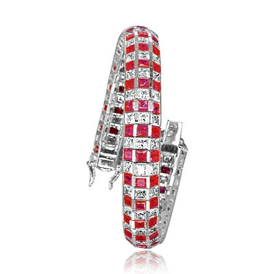 7" long Lovely best selling bracelet with 23.25 cts.t.w. of square Ruby Essence and white princess cut stones in Platinum Plated Sterling Silver.