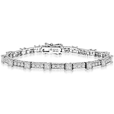 Beautiful Designer Bracelet, with Diamond Essence princess cut masterpieces linked interstigly with cusp of round accent in ethnic looks. Appx. 7 cts.t.w. in Platinum Plated Sterling Silver.