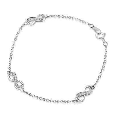 Infinity Bracelet with 0.20 ct. Round Brilliant Diamond Essece Round Stones. 7" Length, Platinum Plated Sterling Silver.