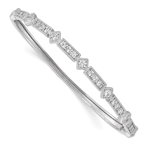 A prong set hinged bangle bracelet for women with lab-made 25 round brilliant diamonds by Diamond Essence set in platinum plated sterling silver