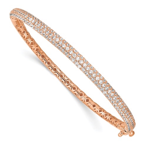 A timeless pave set hinged bangle bracelet for women with lab-made 175 round brilliant melee by Diamond Essence set in rose plated sterling silver.