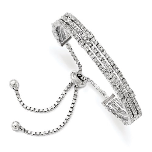 A majestic looking designer adjustable bracelet in a prong setting with three rows of artificial round brilliant Diamonds by Diamond Essence set in platinum plated sterling silver. Total 205 stones