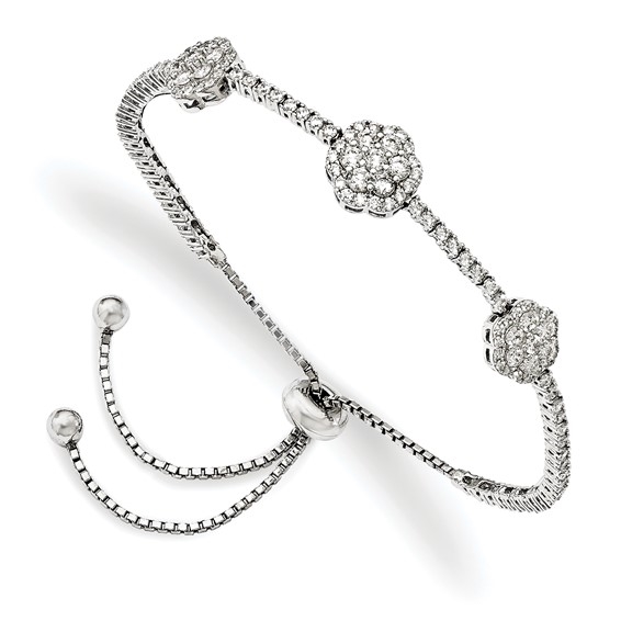 A majestic looking designer adjustable bracelet in a prong setting with artificial round brilliant diamonds by Diamond Essence set in platinum plated sterling silver. Total 133 stones.