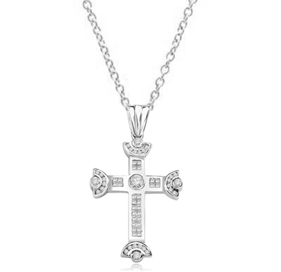 Cross Pendant with Princess cut Diamond Essence and Round Diamond Essence 6.0 Cts. T. W. in Platinum Plated Sterling Silver.