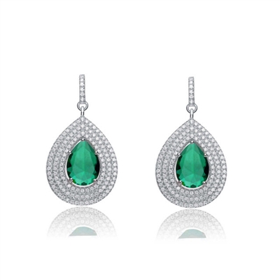 Diamond Essence Designer Earrings With Emerald Essence Pear Center Surrounded By 3 Rows Of Melee In Steps And Melee On The Bail Enhance The Look, 4 Cts.T.W. In Platinum Plated Sterling Silver.