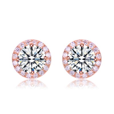 Diamond Essence Stud Earrings With 2 Cts. Round Brilliant Center Surrounded By Melee,4.50Cts.T.W. In Rose Plated Sterling Silver.