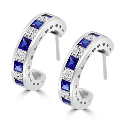 Beautiful hoop earrings in Platinum Plated Sterling Silver, with alternate Sapphire Essence and Diamond Essence Princess cut stones, 0.20 cts. each set channel set. 5.6 cts.t.w.