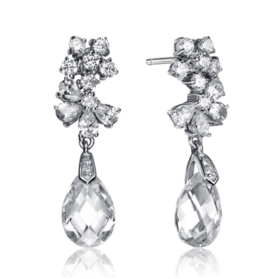 Designer Drop Earrings With Diamond Essence Round Brilliant And Pear Cut stone forming a Floral Design, French Cut Pear Dangle enhance the Beauty, 8 Cts.T.W. in Platinum Plated Sterling Silver.