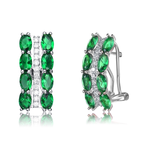Diamond Essence Designer Earrings with 0.25 carat each Emerald Color Oval Cut stone and Diamond Essence melee set in vertical designer pattern, 4.20 Cts..T.W. in Platinum Plated Sterling Silver.