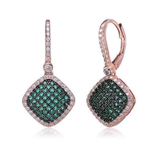 Diamond Essence Leverback earrings with Emerald Essence melee in pave setting, outlined with Diamond Essence melee, 1.5 Cts.T.W in Rose Plated Sterling Silver.