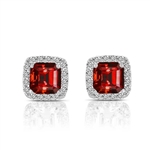Designer Stud Earrings With 1 Cts.T.W. Ruby Essence Asscher cut stone in four prongs setting and surrounded by Diamond Essence melee,3 Cts.T.W. in Platinum Plated Sterling Silver.