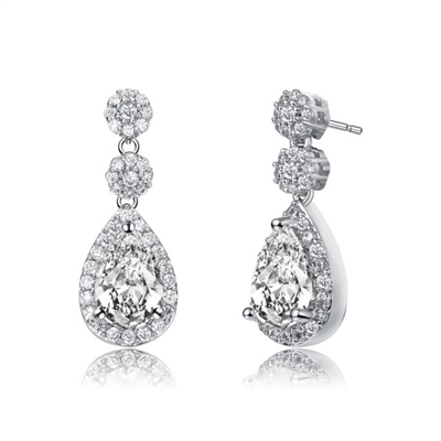 Diamond Essence Designer Drop Earrings with Pear Stones and Melee, 4.25 Cts.t.w. in Platinum Plated Sterling Silver, 21mm length.