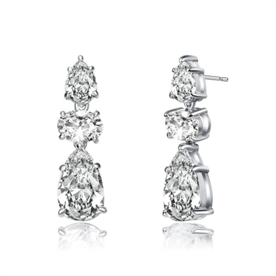 Diamond Essence Designer Drop Earrings With Pear Essence on the top and Oval Essence and Pear Essence Stones in Dangle setting , 8.0 Cts.T.W. in Platinum Plated Sterling Silver Earring. 7mm W x 17.5mm L