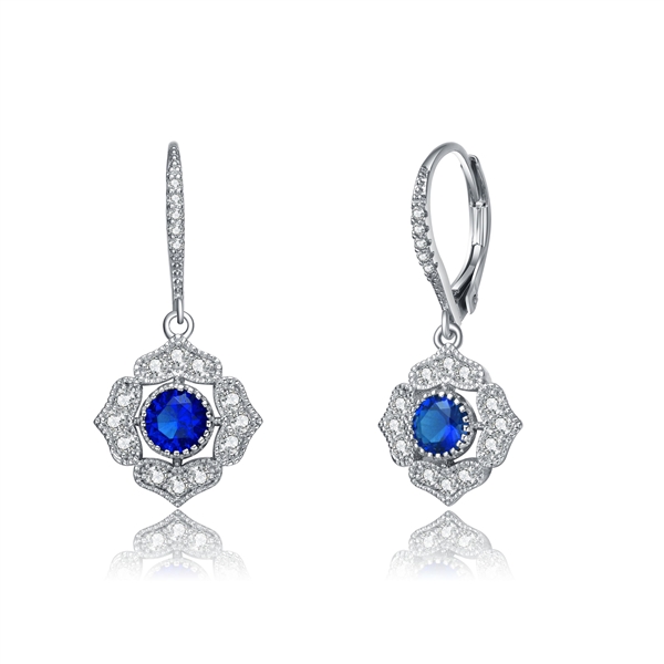 Diamond Essence leverback earrings, 0.5 carat each, round sapphire stone surrounded by melee.  1.5 cts. t.w. in Platinum Plated Sterling Silver.