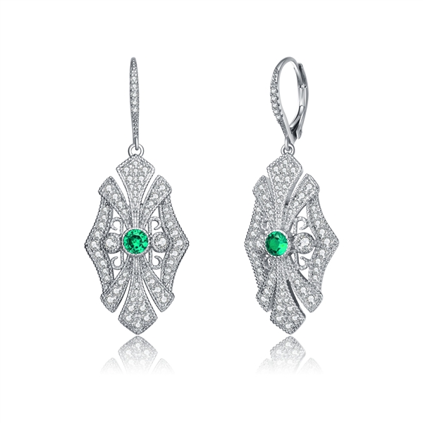 Diamond Essence leverback earrings, round emerald stone surrounded by melee.  1.0 cts. t.w. in Platinum Plated Sterling Silver.