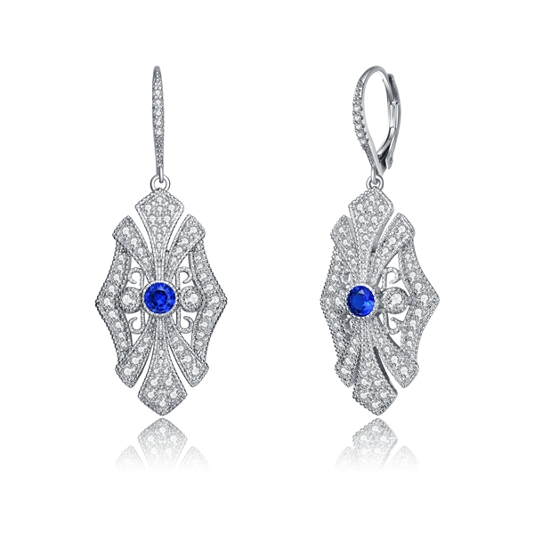 Diamond Essence leverback earrings, round sapphire stone surrounded by melee.  1.0 cts. t.w. in Platinum Plated Sterling Silver.